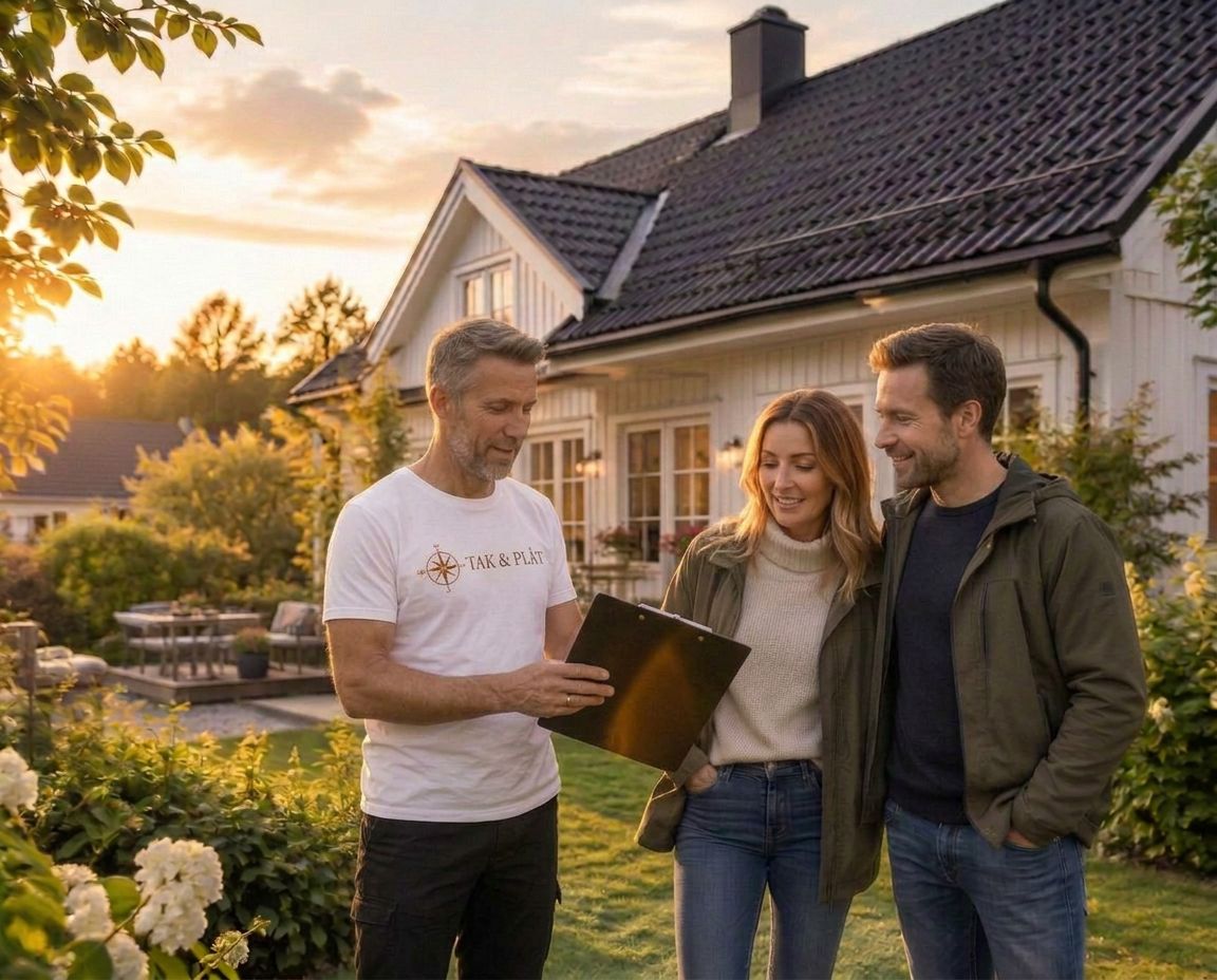 Takkonsult går igenom anteckningar om takbytet med två husägare i trädgården framför villan